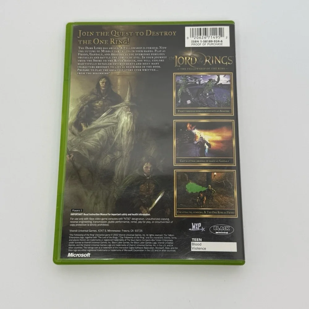 Lord Of The Rings Fellowship Of The Ring (Microsoft XBox, 2002) Case and Game